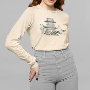 Japanese Temples Vintage Ukyio-e Print Long Sleeve Graphic Tee T-shirt S M L XL